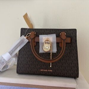 Michael Kors Brown  small Monogram Satchel with Gold Charm